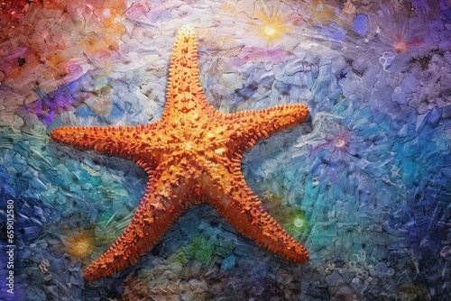 Colorful starfish in ocean backdrop  artistic  aquatic  vibrant  decorative  marine life  underwater  nature  coastal  textured. Generative AI