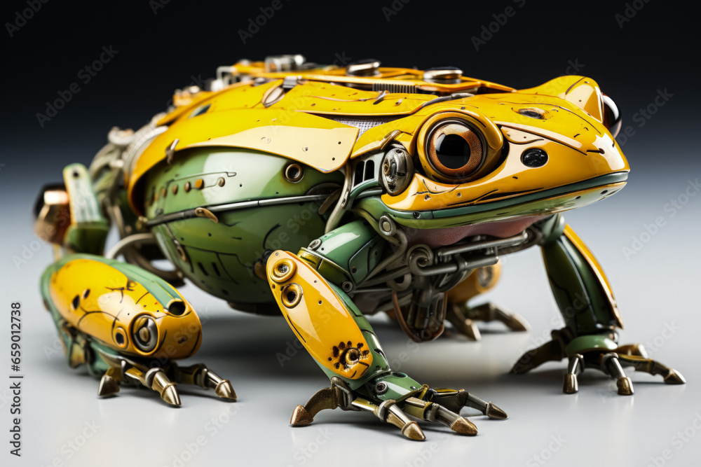Robotic frog model studying wetland habitats isolated on a white background Robotic frog model studying wetland habitats isolated on a white background
