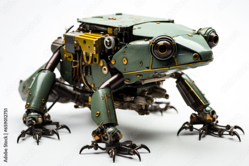 Robotic frog model studying wetland habitats isolated on a white background Robotic frog model studying wetland habitats isolated on a white background