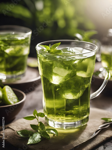 Refreshing Green Tea with Ice and Mint Leaves