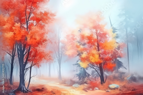 autumn forest near the river, orange and red leaves,
