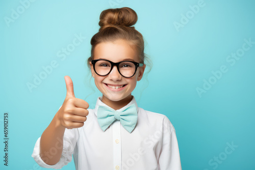 a cute girl in a bow tie and glasses giving a thumbs up, isolated on pastel blue background
