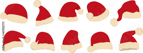 Realistic set of red santa hats. New Year red hat. - stock vector.