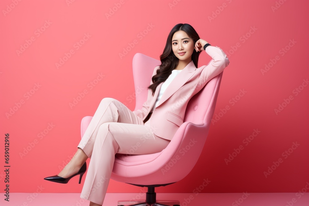 Young asian businesswoman sits on an armchair, bright pink background. AI generated - obrazy, fototapety, plakaty 