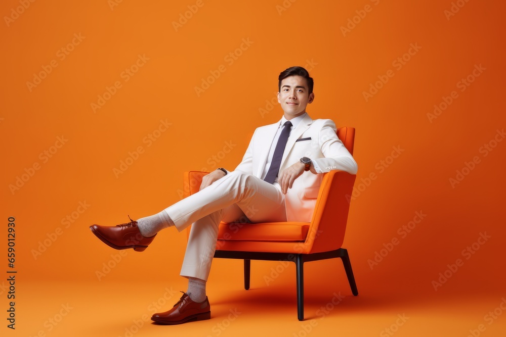 Young asian businessman sits on an armchair, bright color background. AI generated - obrazy, fototapety, plakaty 