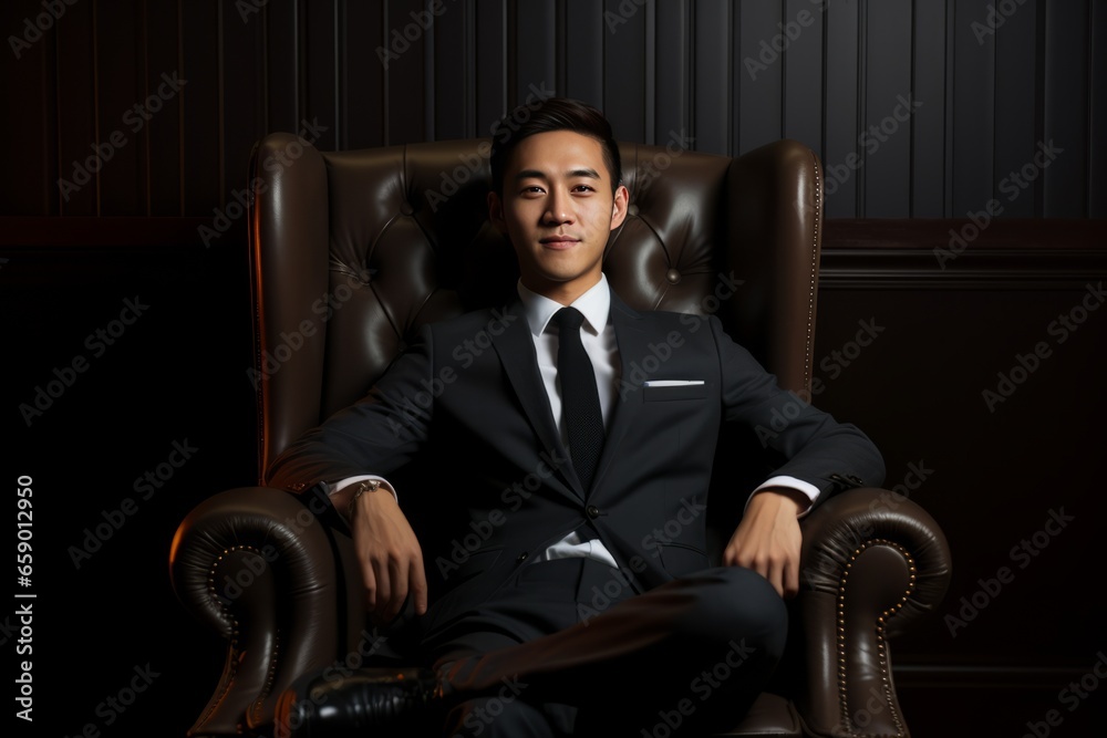Young handsome asian businessman sits in a leather armchair. AI generated