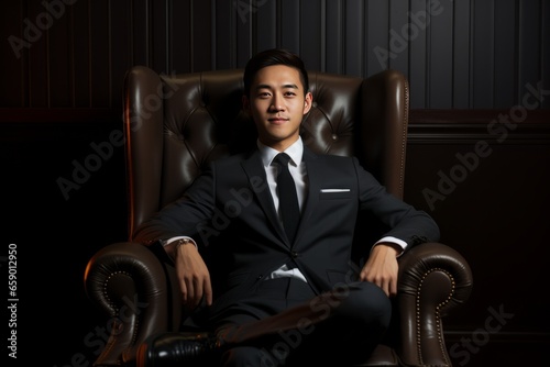 Young handsome asian businessman sits in a leather armchair. AI generated