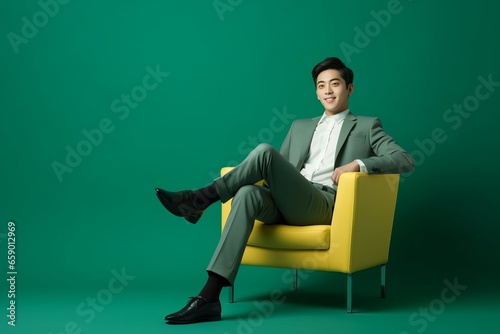 Young asian businessman sits on an armchair, bright color background. AI generated