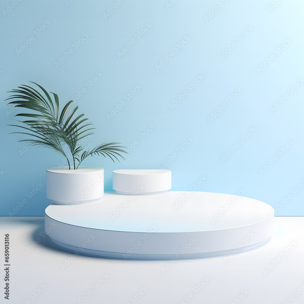 Modern white, blue cylinder pedestal podium with arch shape backdrop and blue curtains. Abstract pastel blue color minimal wall scene