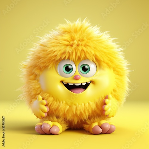 Cute yellow furry monster 3D cartoon character on yellow background