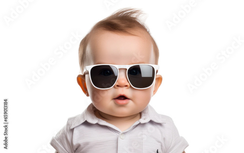 Baby with oversized sunglasses on isolated background