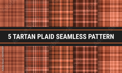 Brown Set Tartan Plaid Seamless Pattern. Checkered fabric texture for flannel shirt, skirt, blanket
