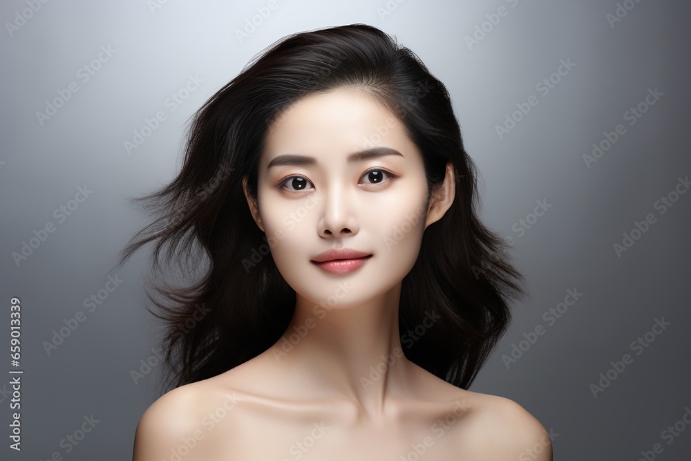 Asian woman face with smooth health skin, on gray background Asian woman face with smooth health skin, on gray background