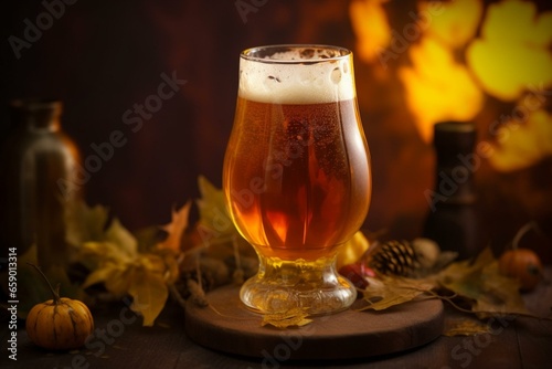 Festive Oktoberfest beer in a glass against a vibrant background. Generative AI