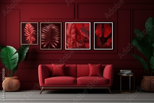 Contemporary dark red room with furniture, plants, and gallery wall with frames for poster presentation. 3D rendering. Generative AI