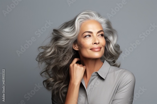 Adult woman touches face with smooth healthy skin. Beautiful aging mature woman with long gray hair and happy, shy smiles on a gray background. photo