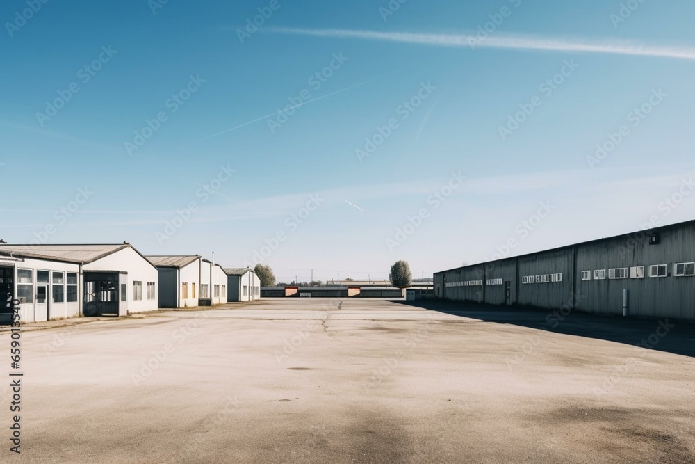 Industrial hangars on factory grounds under a sunny sky. Simple buildings forming an industrial area. Generative AI