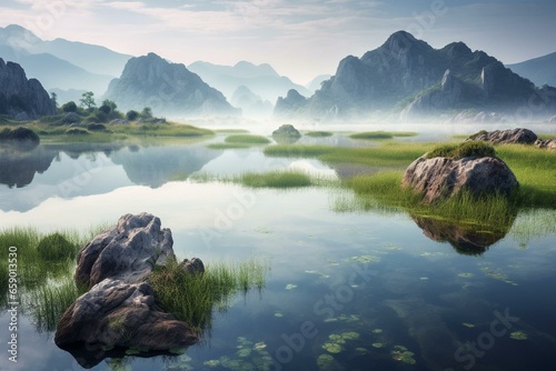 Misty lake surrounded by karst mountains in Skadar National Park, Montenegro. Generative AI photo