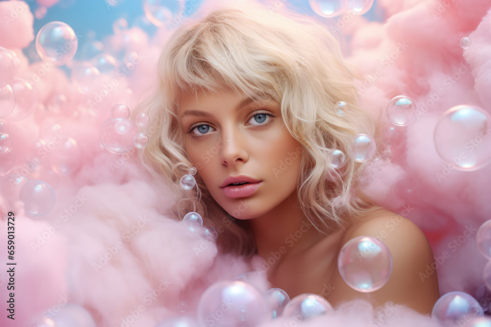 beautiful blonde model surrounded by foam soap bubbles - obrazy, fototapety, plakaty 