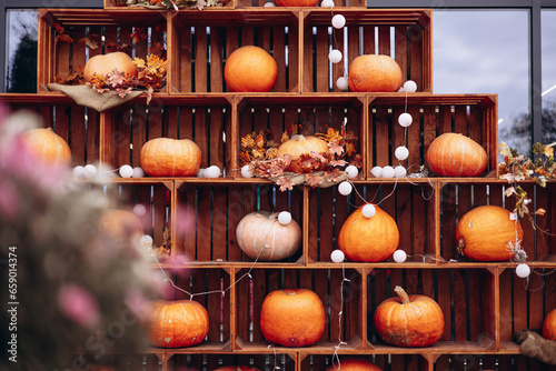 Plenty of different pumpkins, seasonal decorations