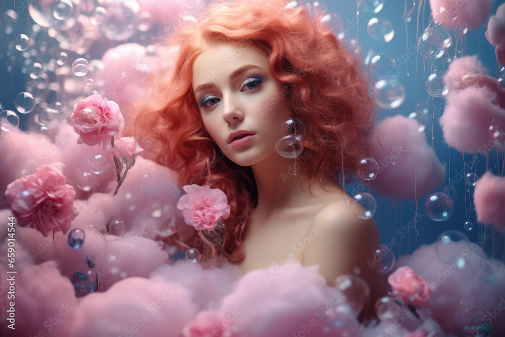 beautiful blonde model surrounded by foam soap bubbles