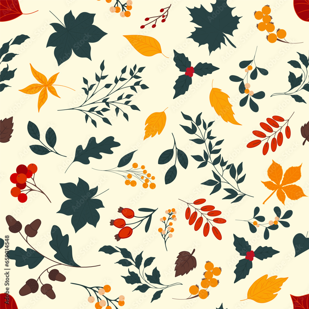 Autumn seamless pattern with different leaves and plants, seasonal colors Autumn seamless pattern with different leaves and plants, seasonal colors