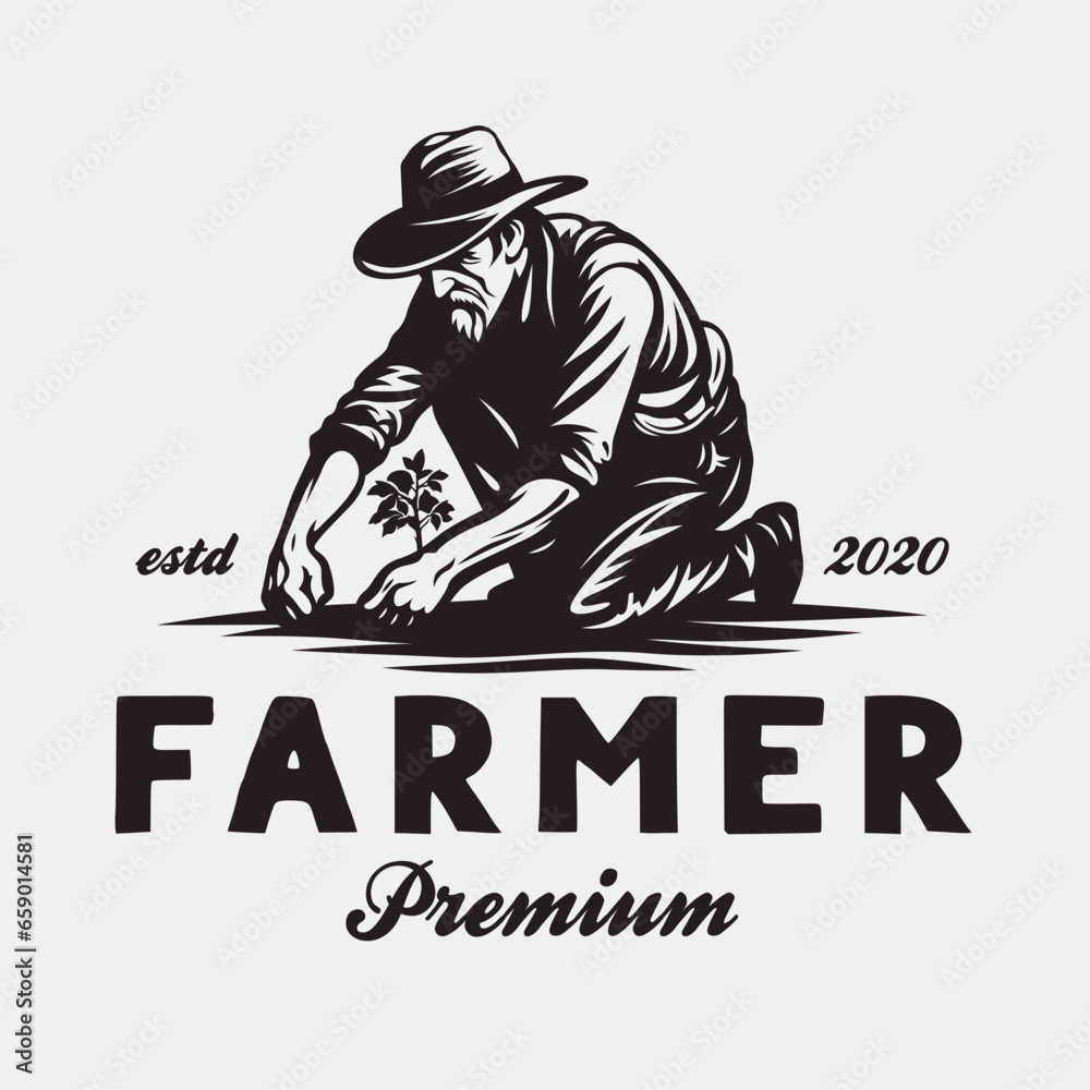 Fototapeta premium Old Farmer on his knee and planting tree vintage design
