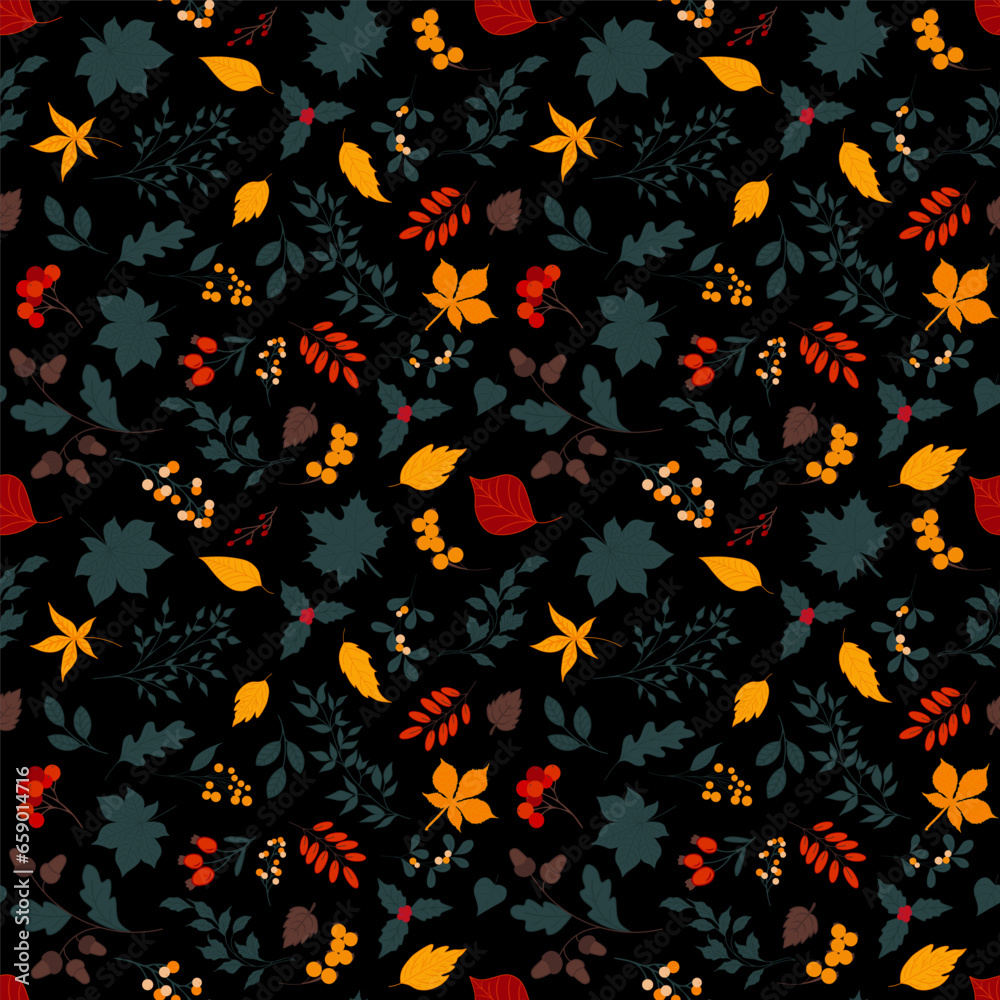 Autumn seamless pattern with different leaves and plants, seasonal colors Autumn seamless pattern with different leaves and plants, seasonal colors