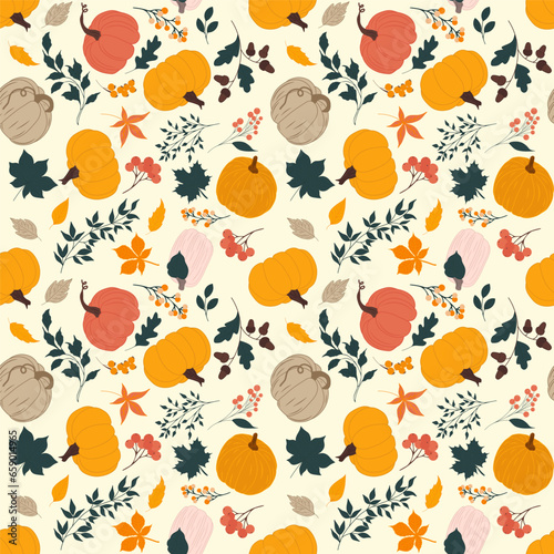 Autumn seamless pattern with pumpkins, plants and leaves