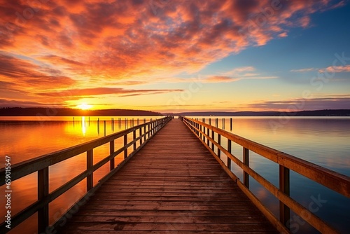 sunset-lit pier on Ammersee Lake in Bayern, Germany. Generative AI