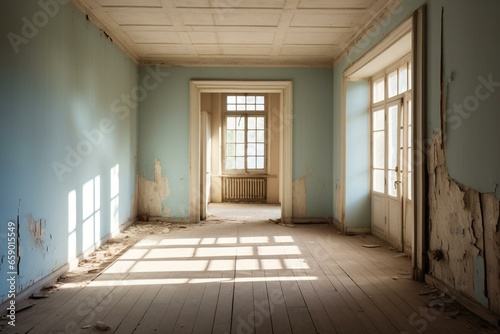 Renovated hallway with worn-out walls, spacious windows, white ceiling. Generative AI