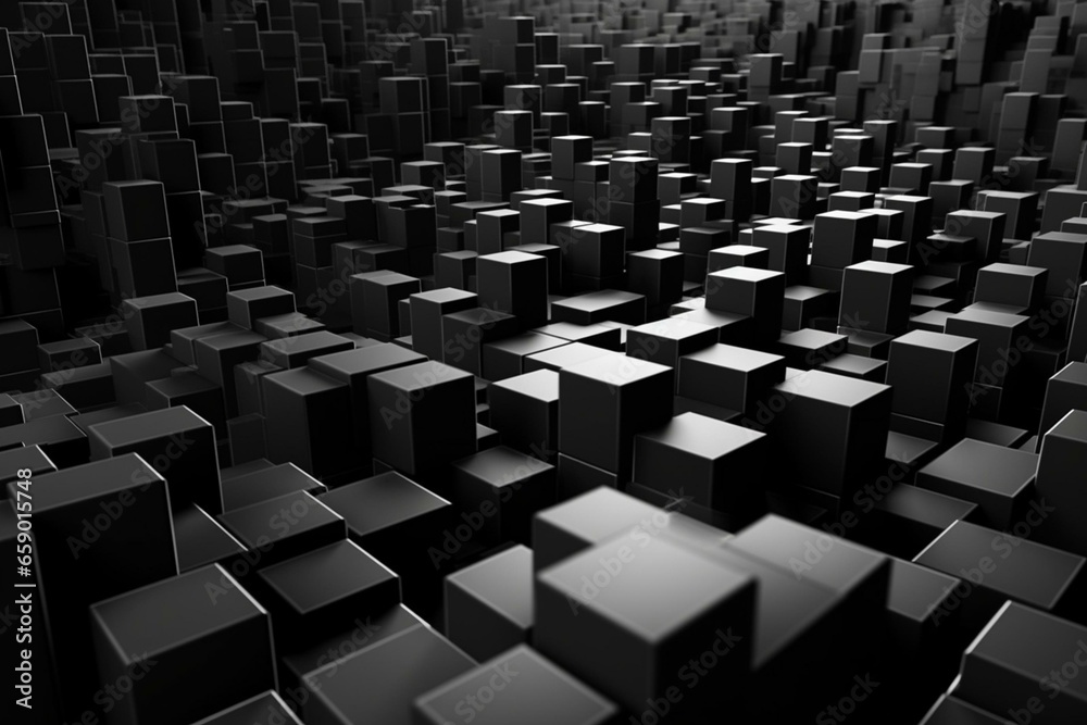 Sleek, monochrome blocks in various sizes arranged flawlessly for a futuristic technological backdrop. Digitally rendered in 3D. Generative AI