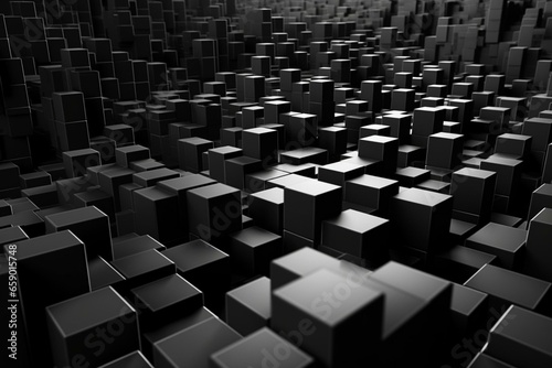 Sleek  monochrome blocks in various sizes arranged flawlessly for a futuristic technological backdrop. Digitally rendered in 3D. Generative AI