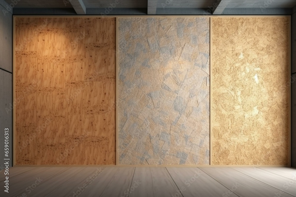 Collection of various panels: OSB, plywood, and gypsum board. 3D illustration. Generative AI - obrazy, fototapety, plakaty 