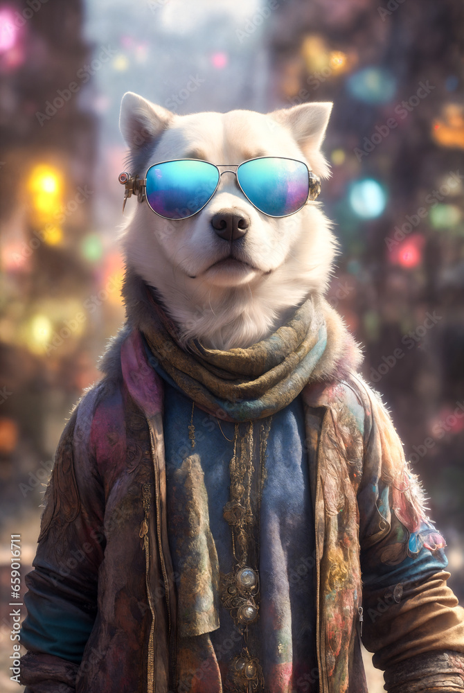 Dog wearing sunglasses and scarf around its neck, standing in front of a city street with lights and buildings.Character portrait, furry art.