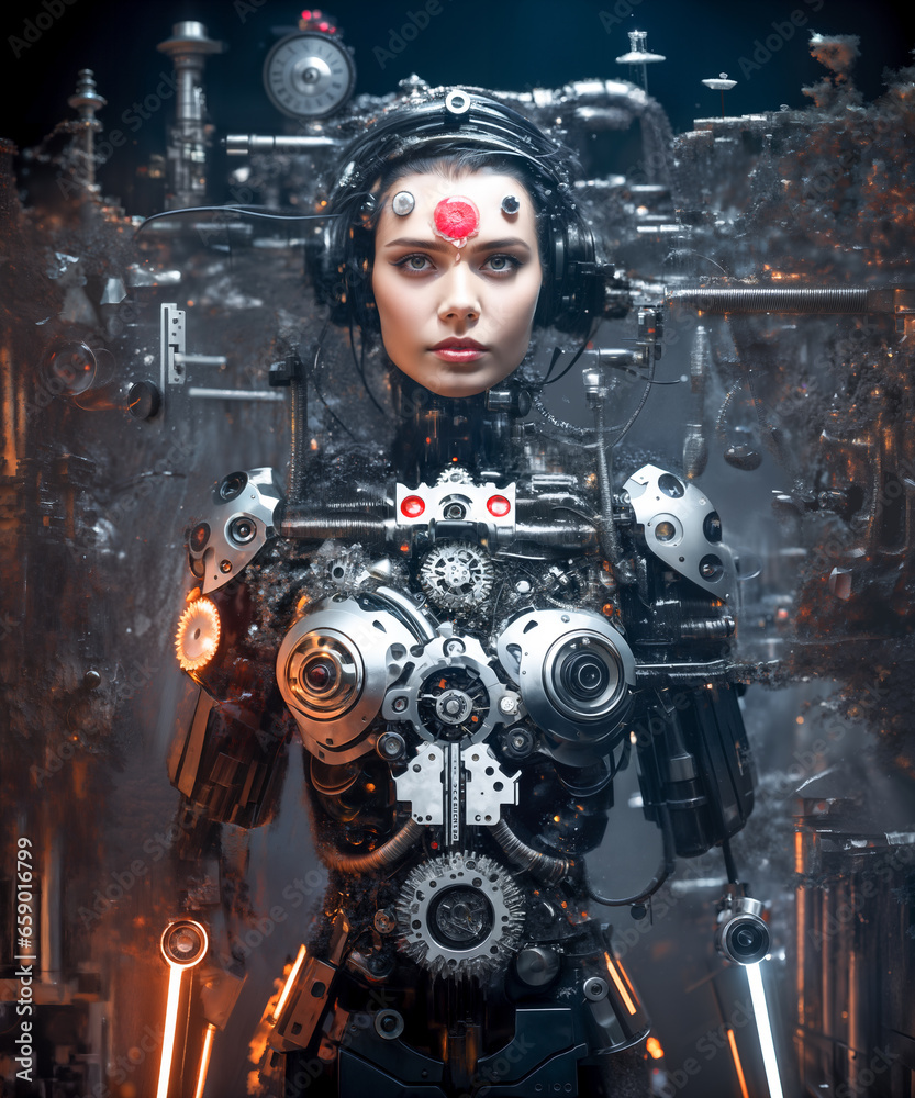 Woman robot android in a futuristic suit surrounded by assorted tools and gadgets, wall of a series of smaller objects.Biopunk, cyberpunk, psychedelic, art.Mechanical, jigsaw puzzle, assemblage Woman robot android in a futuristic suit surrounded by assorted tools and gadgets, wall of a series of smaller objects.Biopunk, cyberpunk, psychedelic, art.Mechanical, jigsaw puzzle, assemblage