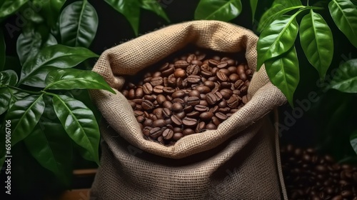Beautiful light, the vigor of coffee beans, among coffee bushes, open bag with coffee beans slices of green leaves