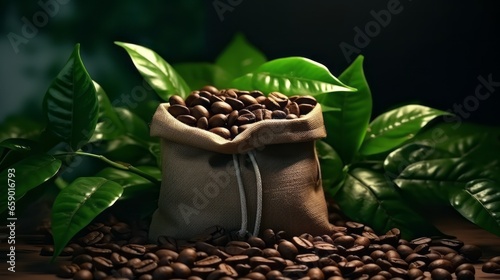 Beautiful light, the vigor of coffee beans, among coffee bushes, open bag with coffee beans slices of green leaves