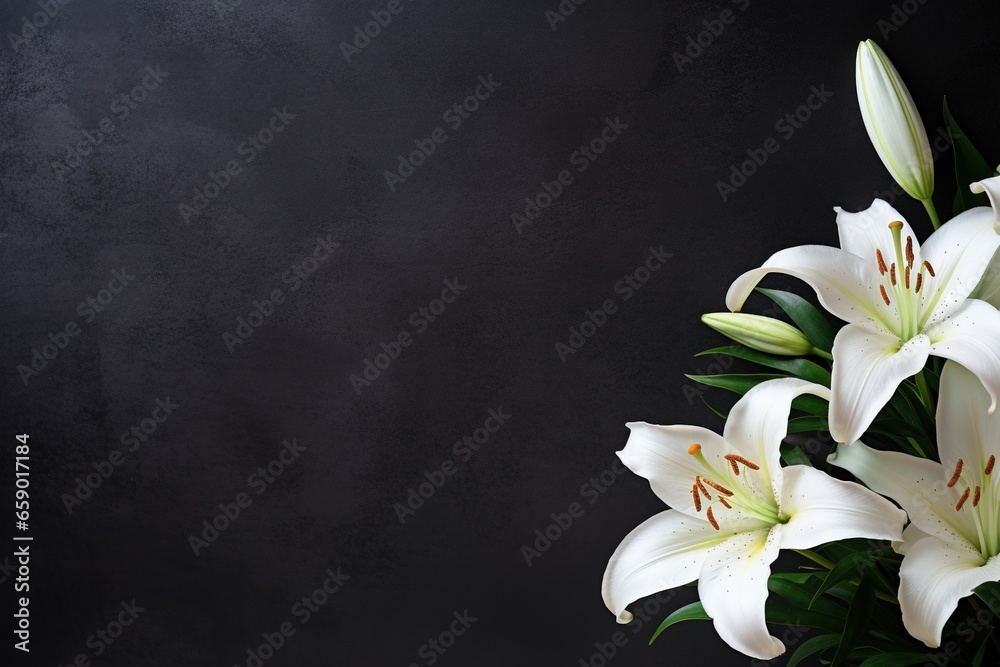 Fototapeta premium Beautiful white lily flowers on black background with copy space.Funeral Concept
