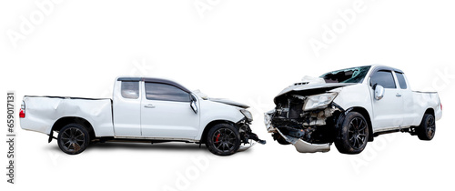Set of PNG format Side view of white pickup car get hard damaged by accident on the road. damaged cars after collision. isolated on transparent background, broken car, insurance accident