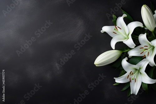 Beautiful white lily flowers on black background with copy space.Funeral Concept