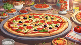 2D Anime Pizza Extravaganza: Cheesy Delights of Pepperoni, Mushrooms, and Sausage - A Hot Italian Meal for Lunch or Dinner in Cartoon