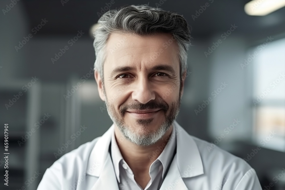 Portrait of middle-aged doctor looking at camera with medical consultation in background Portrait of middle-aged doctor looking at camera with medical consultation in background