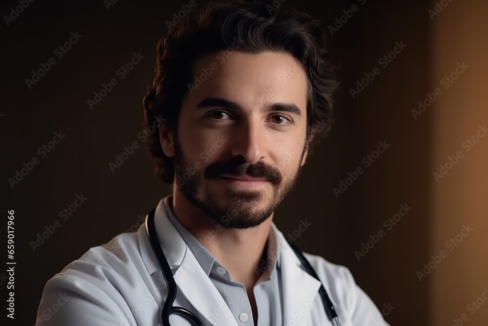 Portrait of Young Doctor with Beard and Stethoscope, Medicine Portrait of Young Doctor with Beard and Stethoscope, Medicine