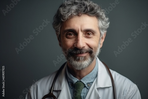 Portrait of middle-aged doctor in studio with gray background