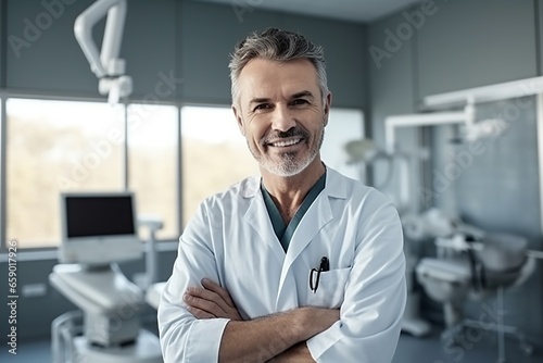Portrait of middle-aged doctor with beard with operating room in background photo