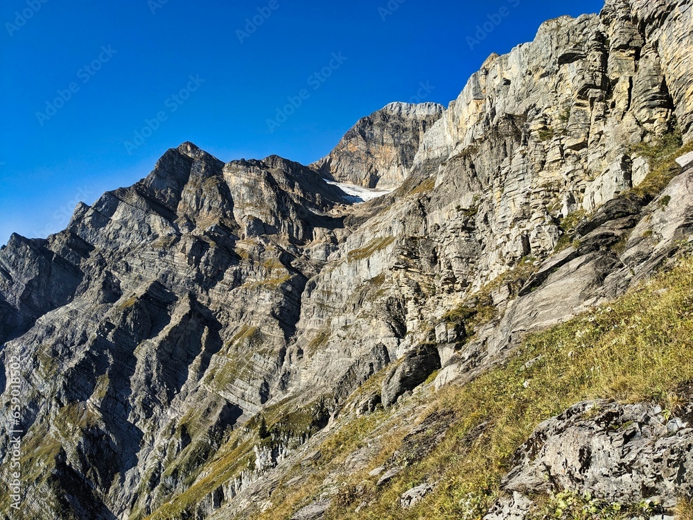 Glärnisch massif. View of the Vrenelisgärtli from Vorder Glärnisch in the Glarner Alben. Hiking in autumn. High quality photo