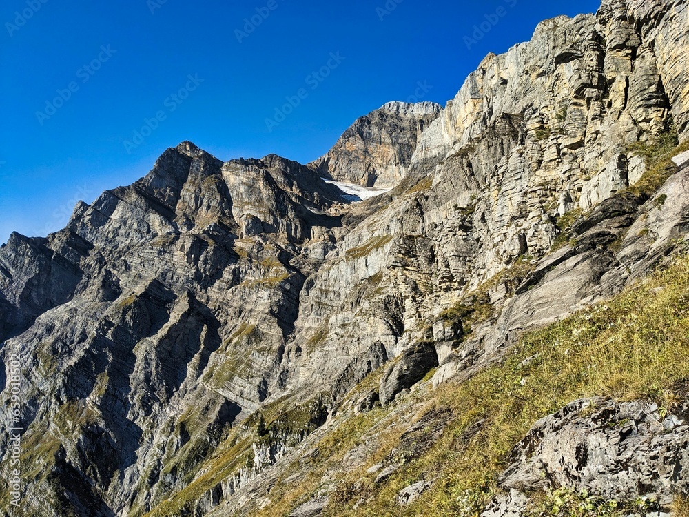 Glärnisch massif. View of the Vrenelisgärtli from Vorder Glärnisch in the Glarner Alben. Hiking in autumn. High quality photo Glärnisch massif. View of the Vrenelisgärtli from Vorder Glärnisch in the Glarner Alben. Hiking in autumn. High quality photo