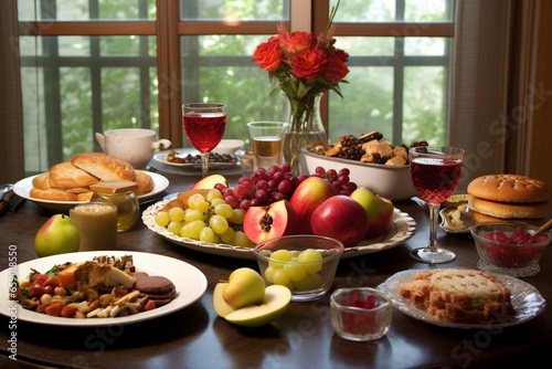 A festive table for Rosh Hashanah, displaying traditional dishes and symbolic elements. Generative AI