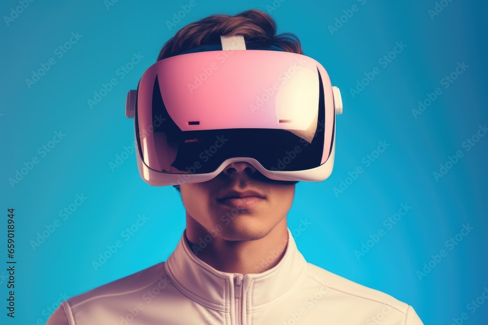 Portrait of a young guy wearing virtual reality goggles illuminated with neon light on a blue background Portrait of a young guy wearing virtual reality goggles illuminated with neon light on a blue background